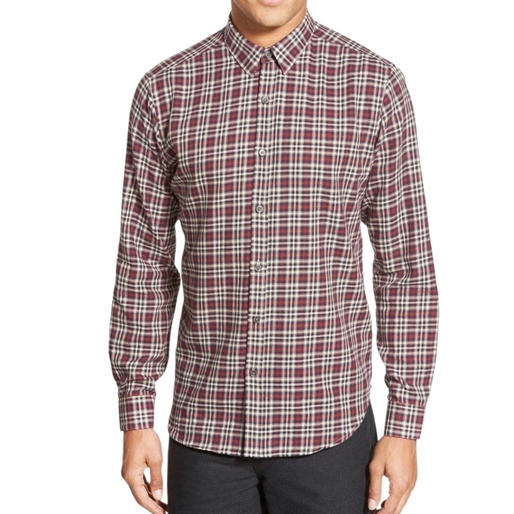 Theory Zack PS Plaid Button Down Shirt M Burgundy Cotton Preppy Smart Casual